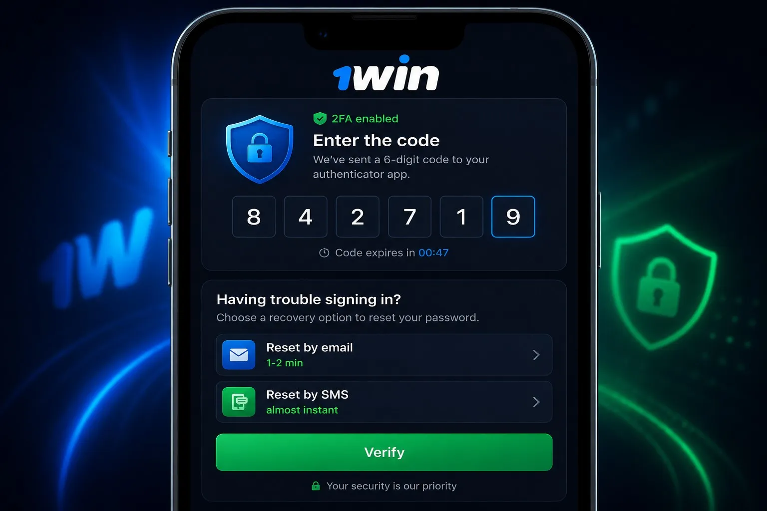 1Win login — security, two-factor authentication and account recovery
