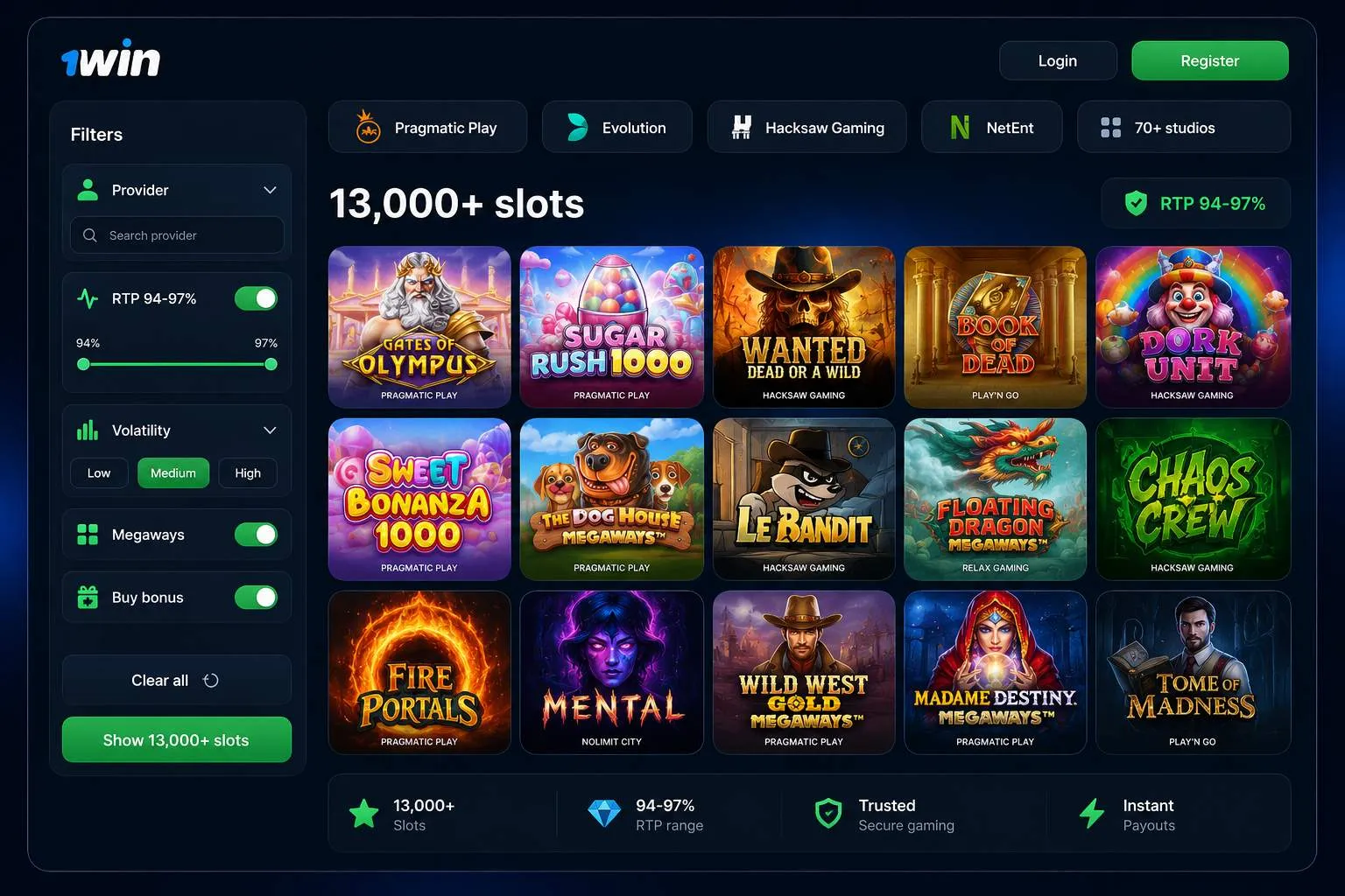 1Win casino library — 70+ providers, slots and live tables