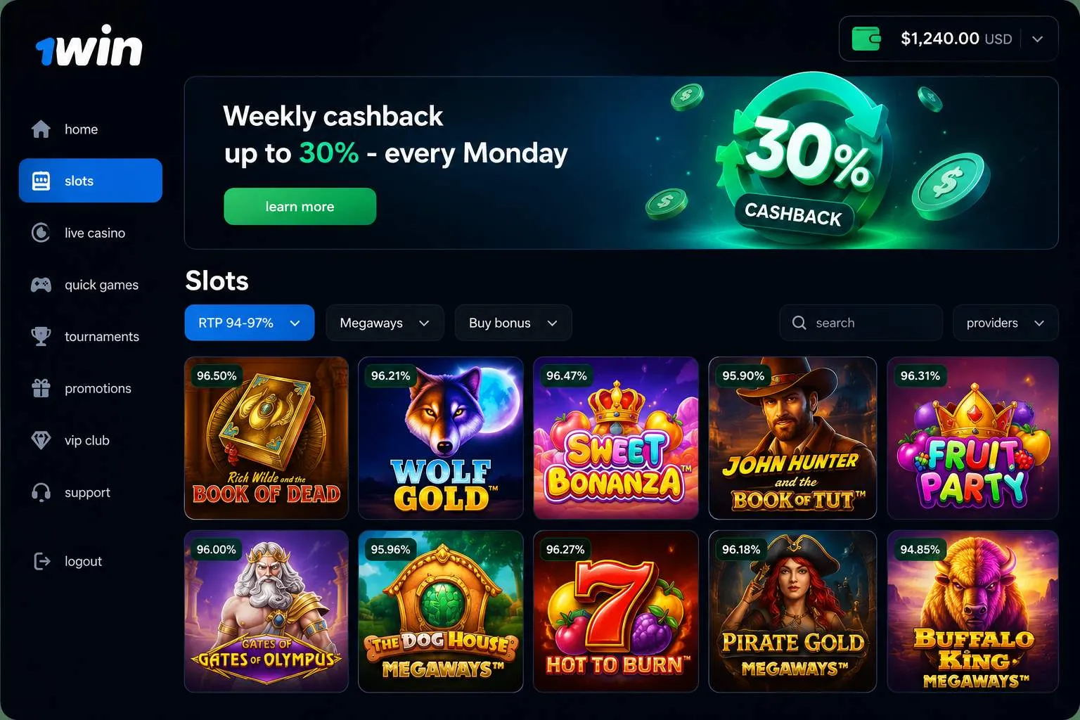 1Win login — slot lobby filters, demo mode and session safety